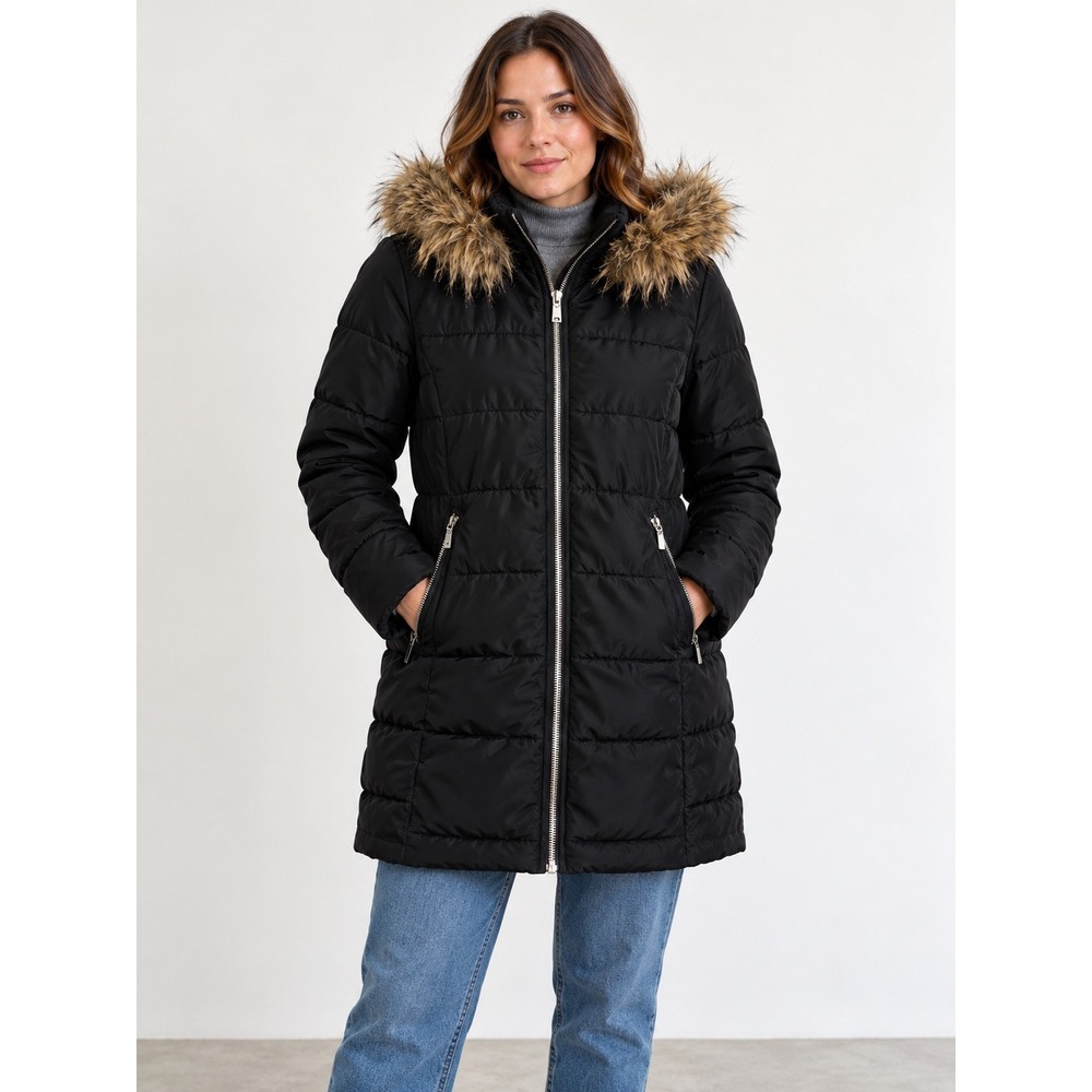 H&M Divided Puffer Parka Women 8 Black Faux Fur Hood